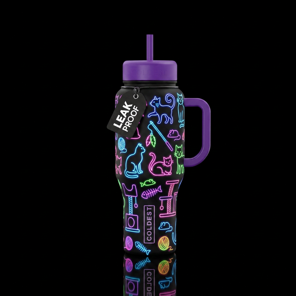 Neon, cats, cat toys, cat trees, fish bones, balls... water bottle design