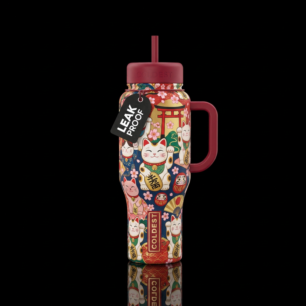 Japanese lucky cat theme water bottle design