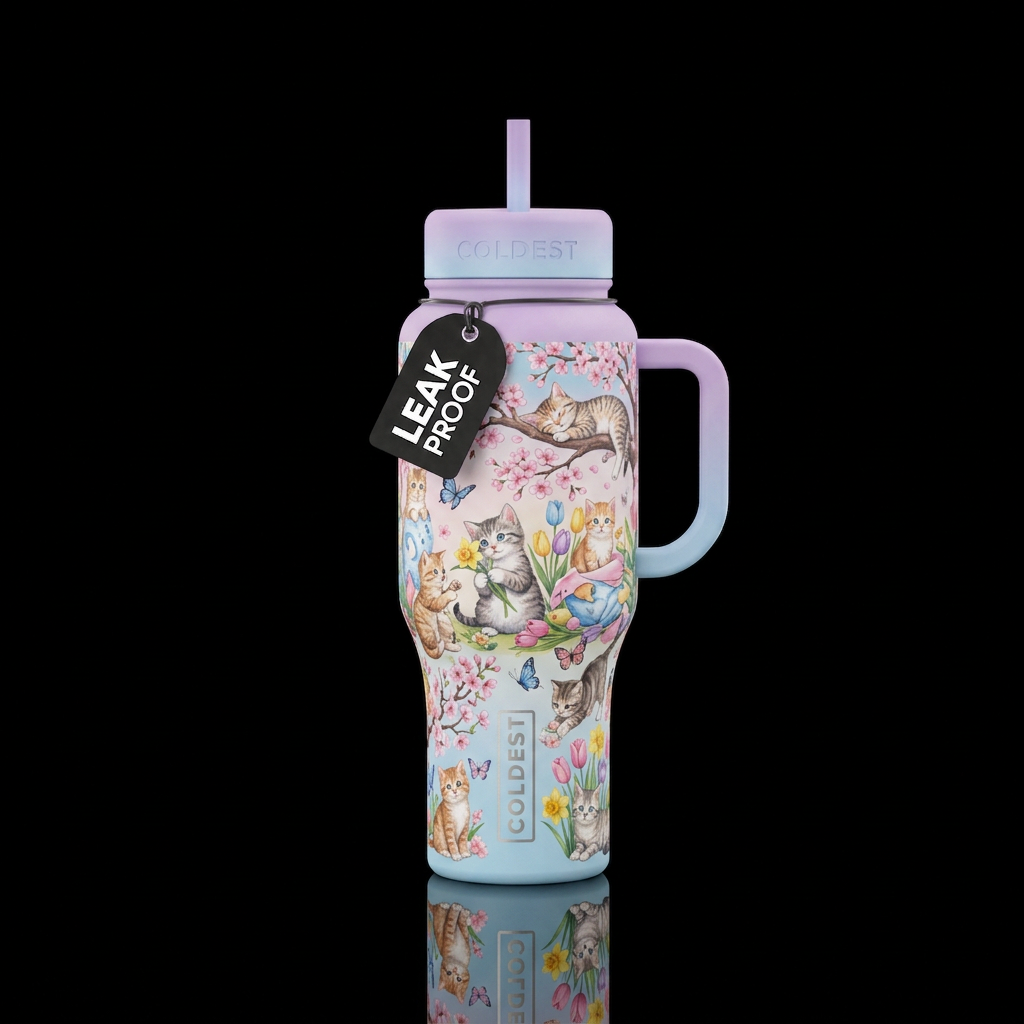 Springtime cats and kittens with pastel ombré hand... water bottle design