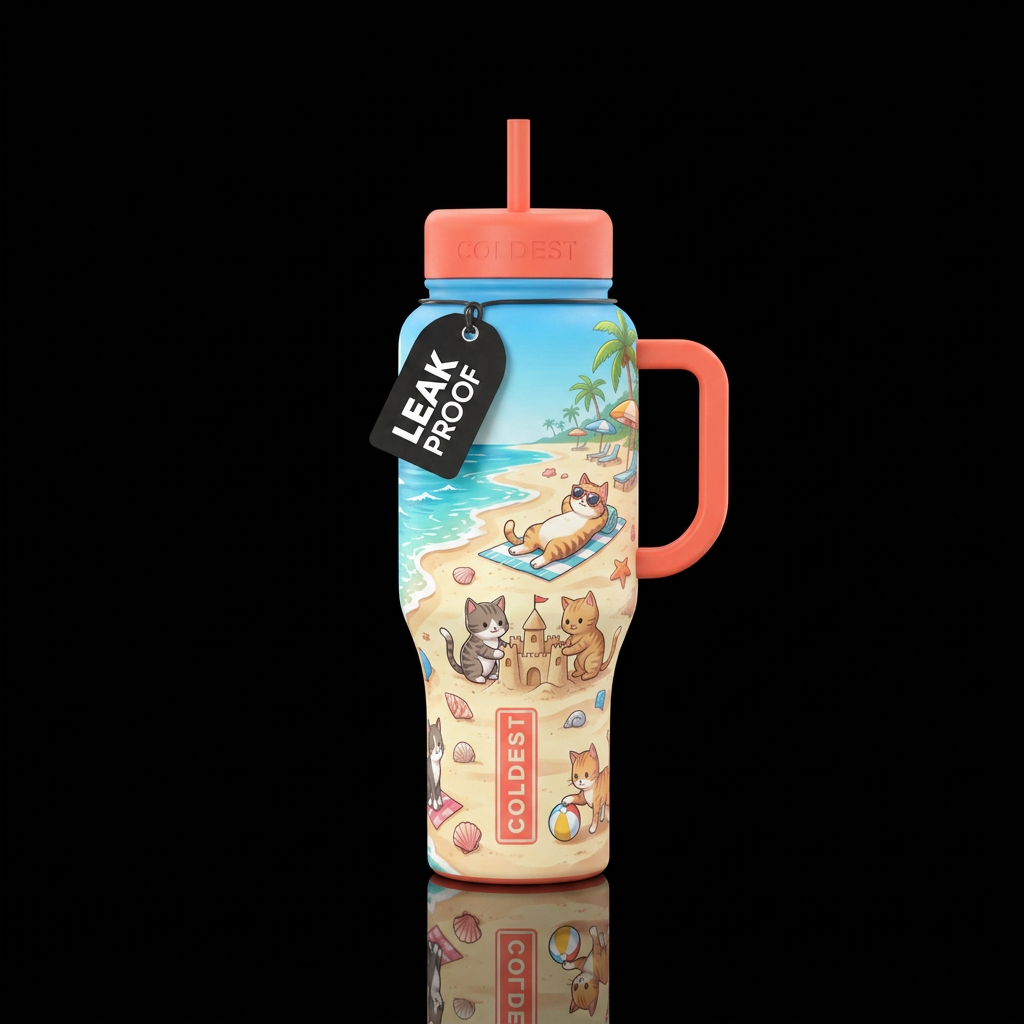 Summer time vibes, beach with cats water bottle design