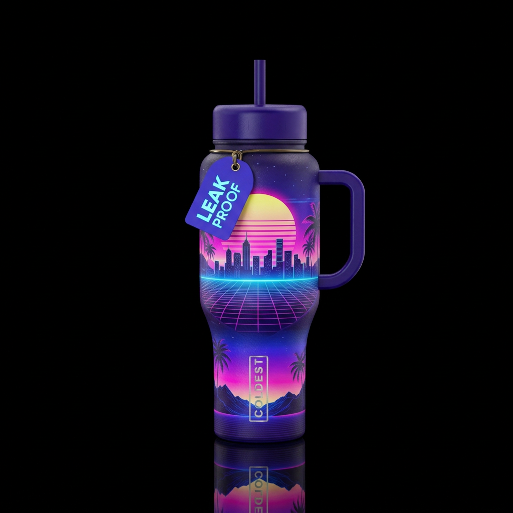 Synthwave sunset, retro vibes water bottle design