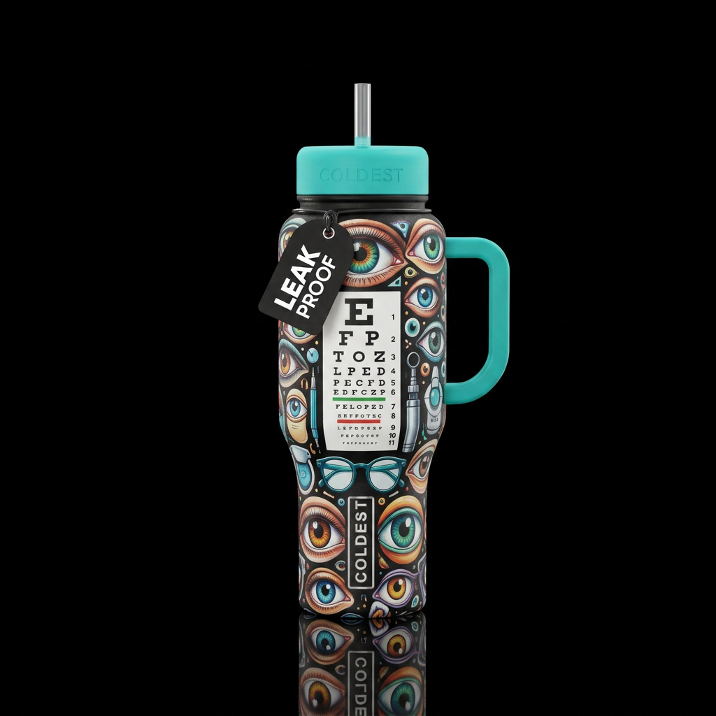 Optometry theme, eyes, eye charts, glasses water bottle design