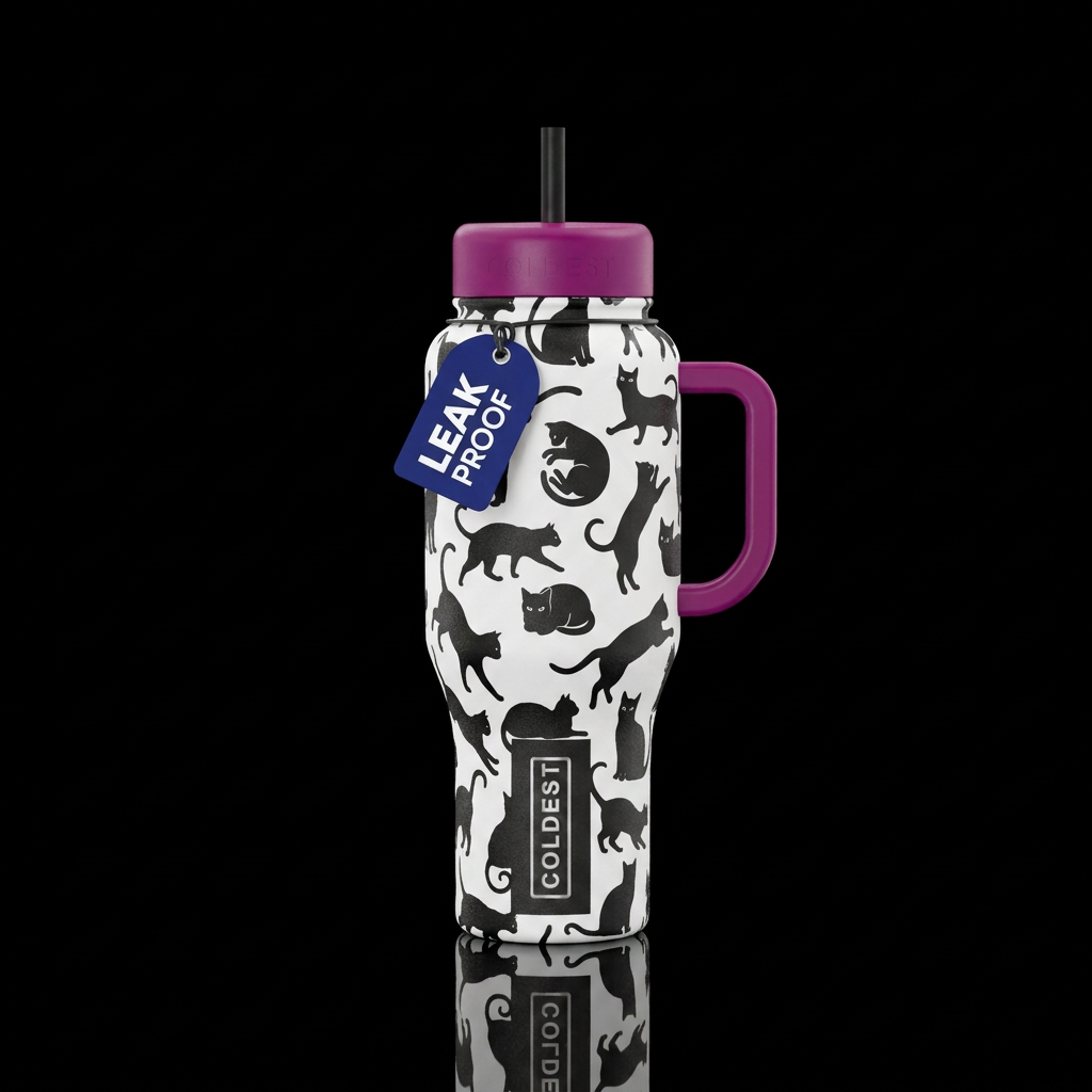 Black and white cat silhouettes water bottle design