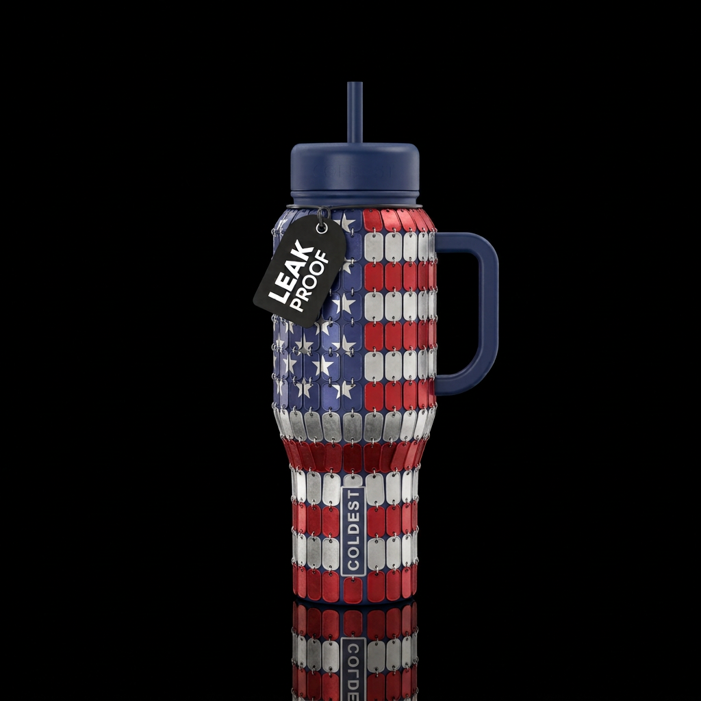 American flag made of dogtags water bottle design