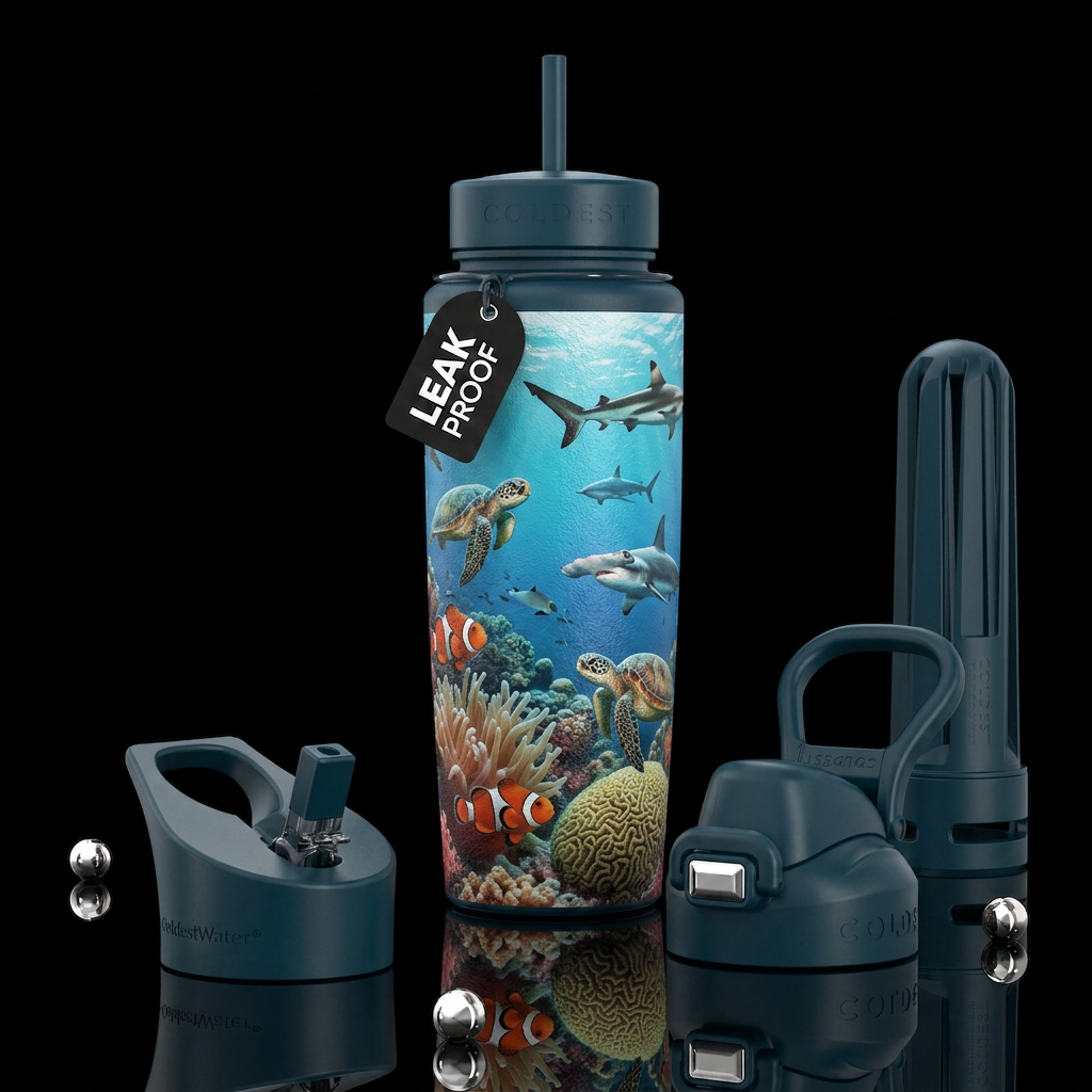 Ocean underwater with clown fish, turtles, sharks water bottle design
