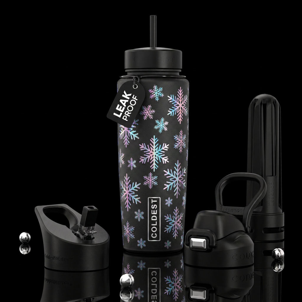 Holographic snowflakes water bottle design