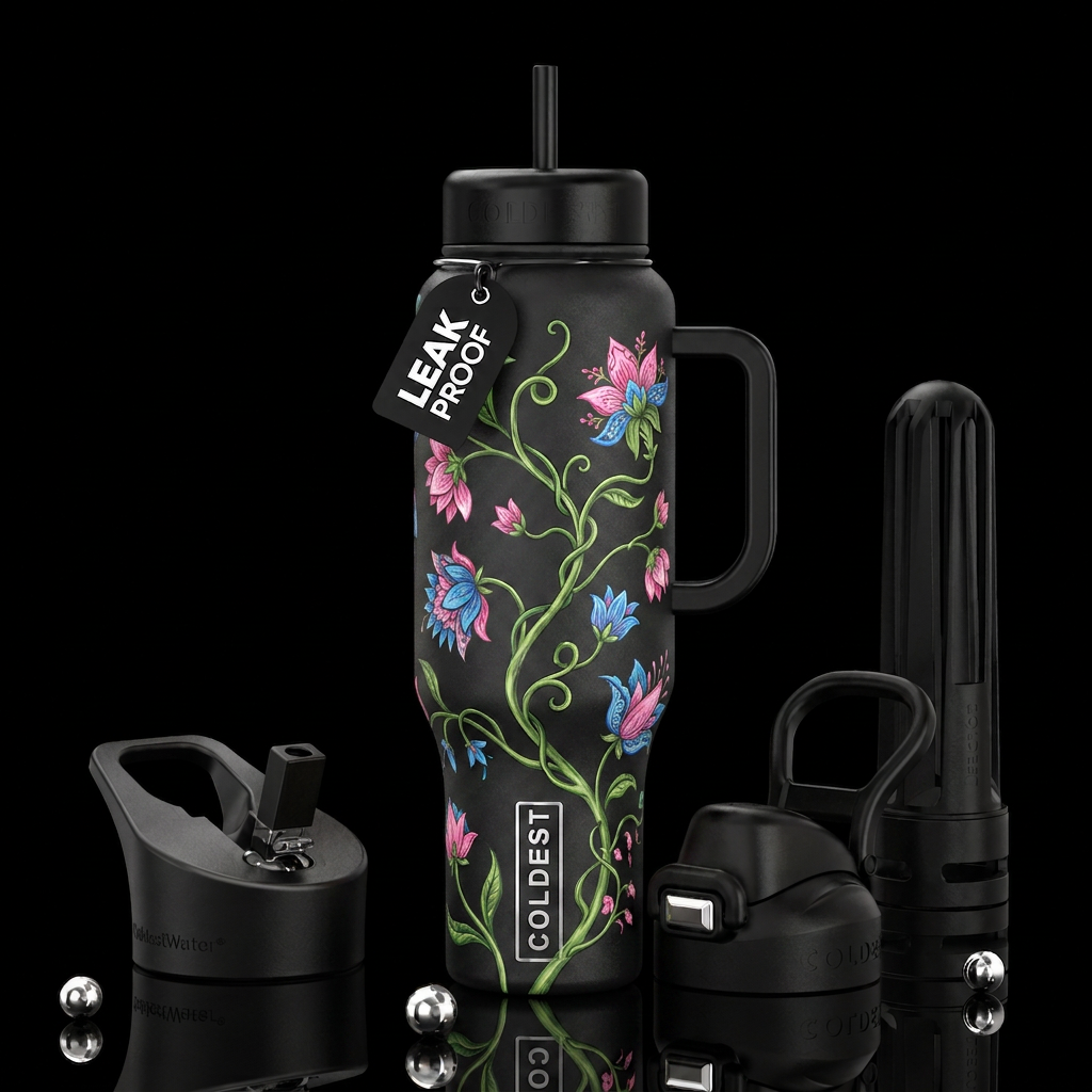 Black bottleand lids, green vine, pink and blue fl... water bottle design