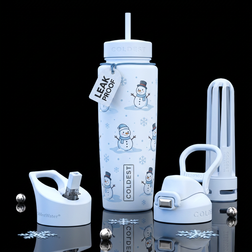 Cute cartoon snowman, snowing water bottle design