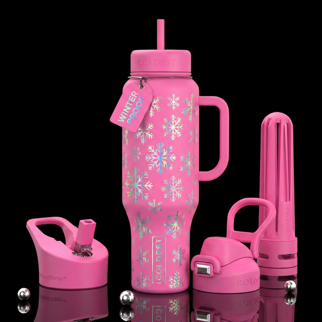 Pink bottle and lids, holographic snowflakes water bottle design