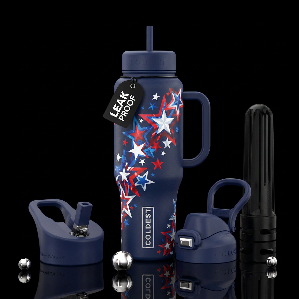 Navy bottle and lids, red, white, and blue abstrac... water bottle design