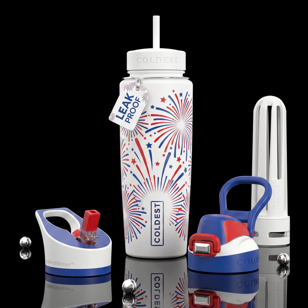 White bottle and lids, red, white, and blue abstra... water bottle design