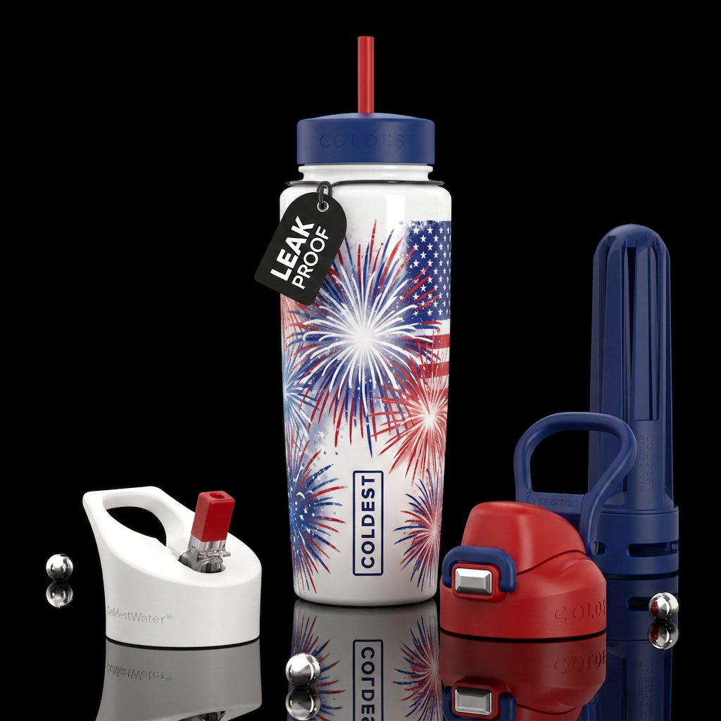 White bottle and lids, red, white, and blue abstra... water bottle design