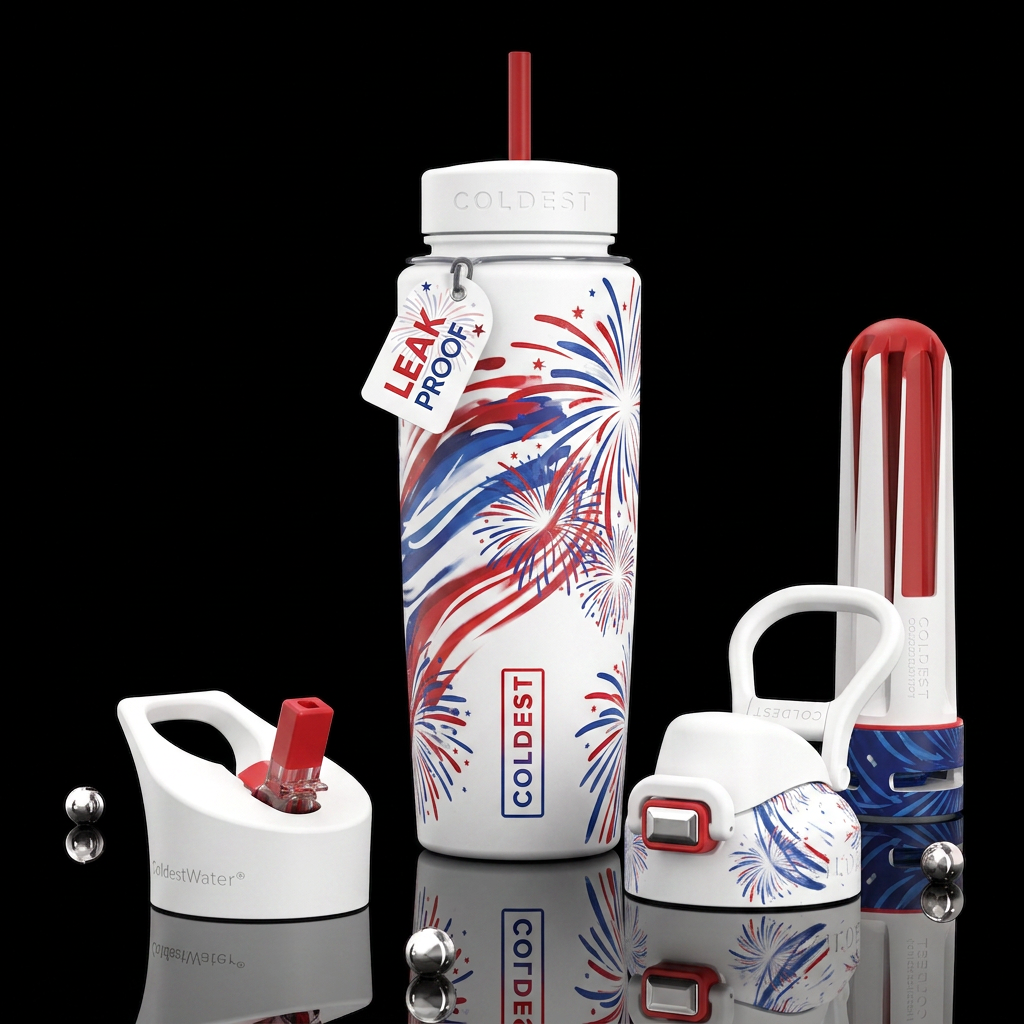 White bottle and lids, red, white, and blue abstra... water bottle design