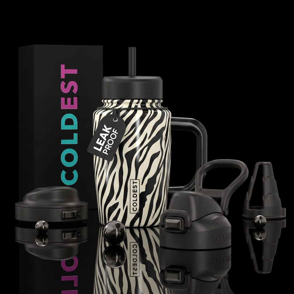 Zebra print, all black lids and handle water bottle design