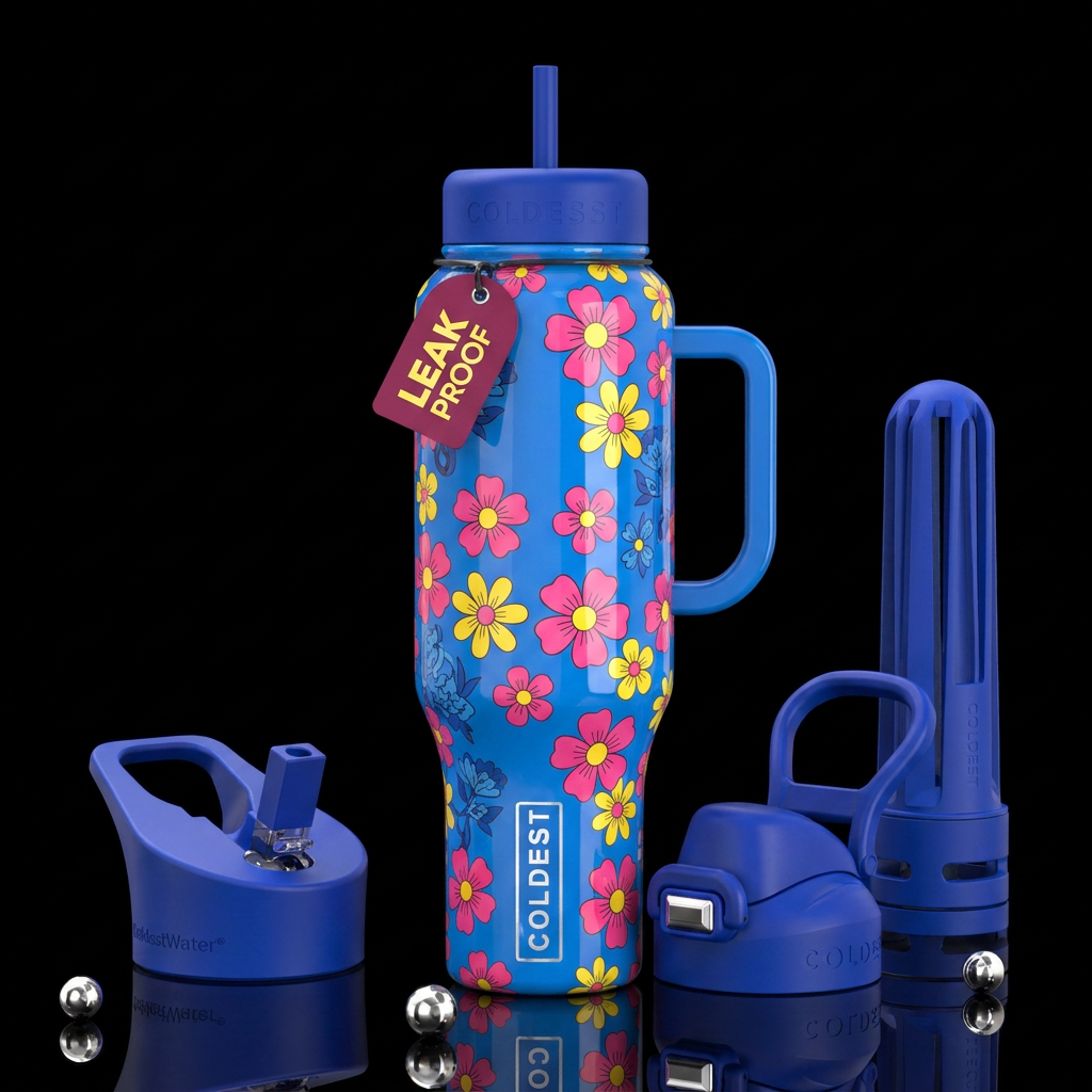 Blue bottle, pink and yellow cartoon flowers water bottle design