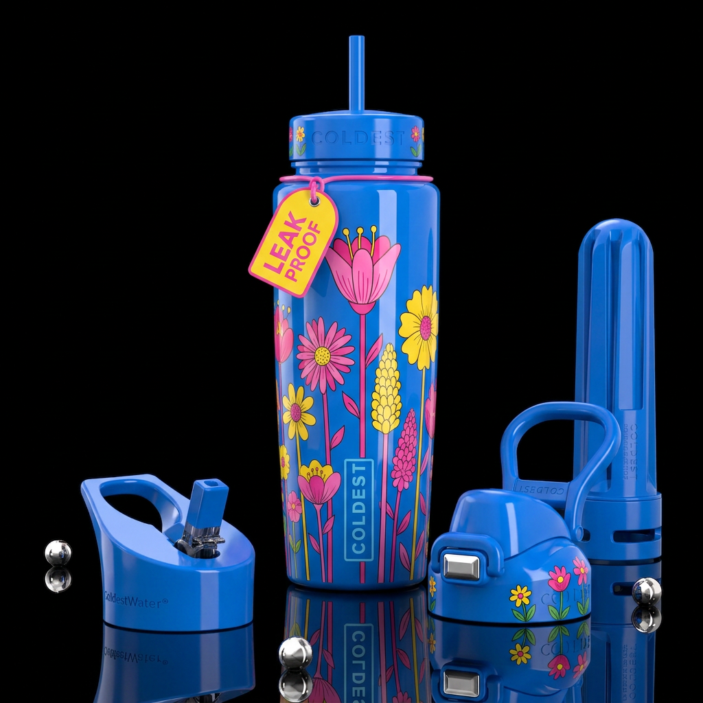 Blue bottle, tall pink and yellow cartoon flowers water bottle design