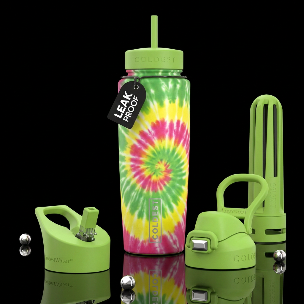 Green, yellow, and pink tie water bottle design
