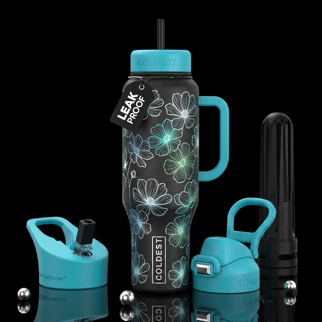 Black bottle, white outlined flowers water bottle design