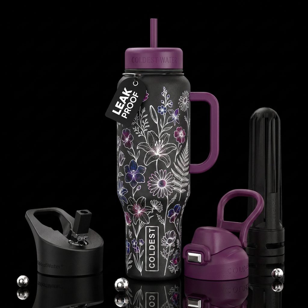 Black bottle, white outlined flowers water bottle design