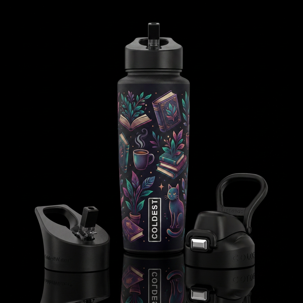 Books, plants, coffee, and one cat, floating, dark water bottle design