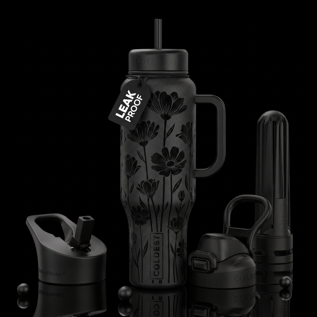 Black bottle with tall black flowers water bottle design
