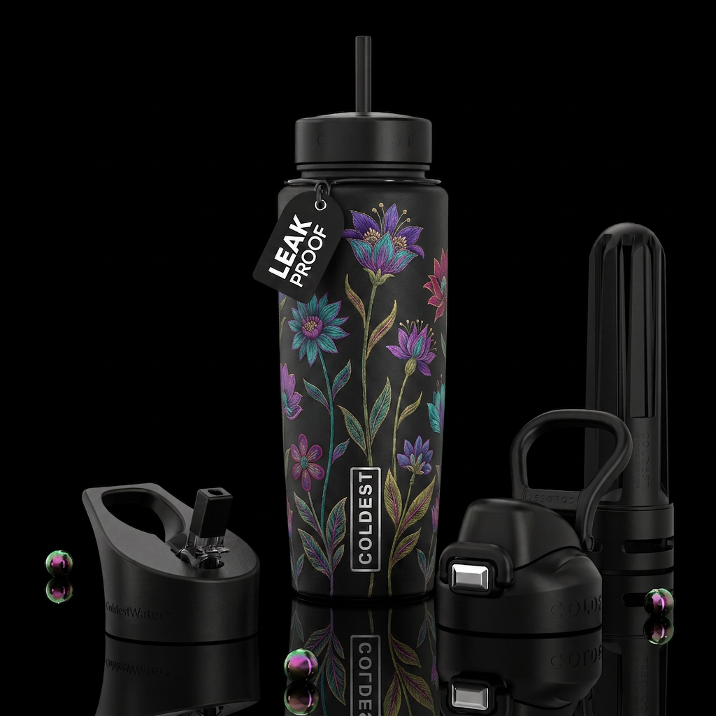 Black bottle with tall black flowers water bottle design