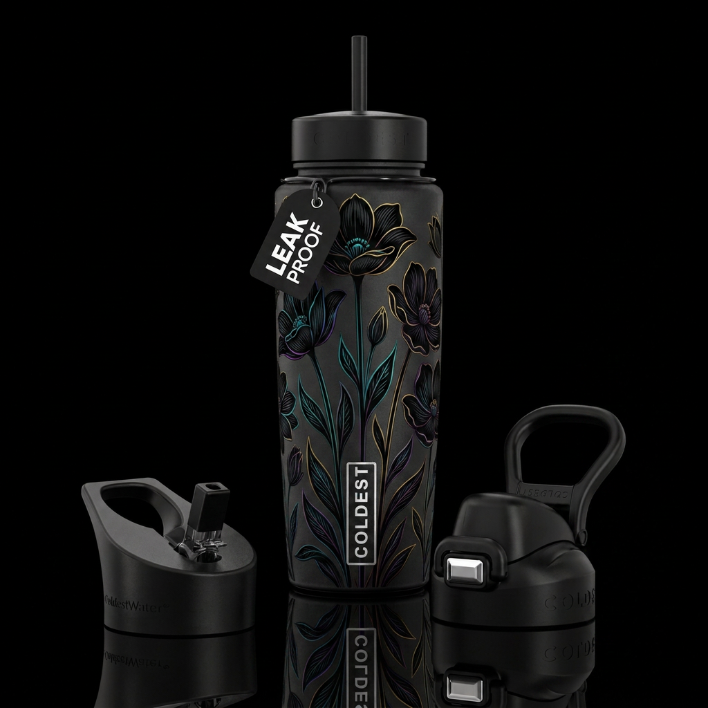 Black bottle with tall black flowers water bottle design