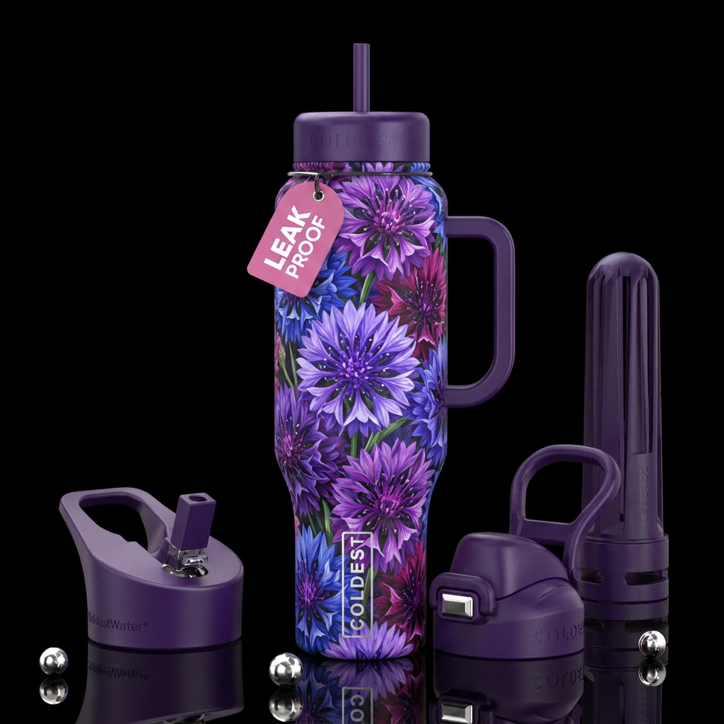 Purple cornflowers water bottle design
