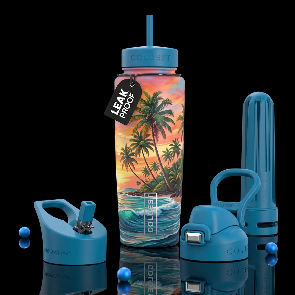 Tropical island with palm trees water bottle design