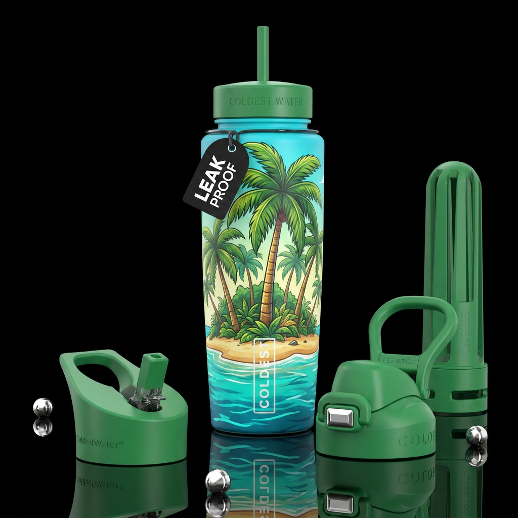 Tropical island with palm trees water bottle design