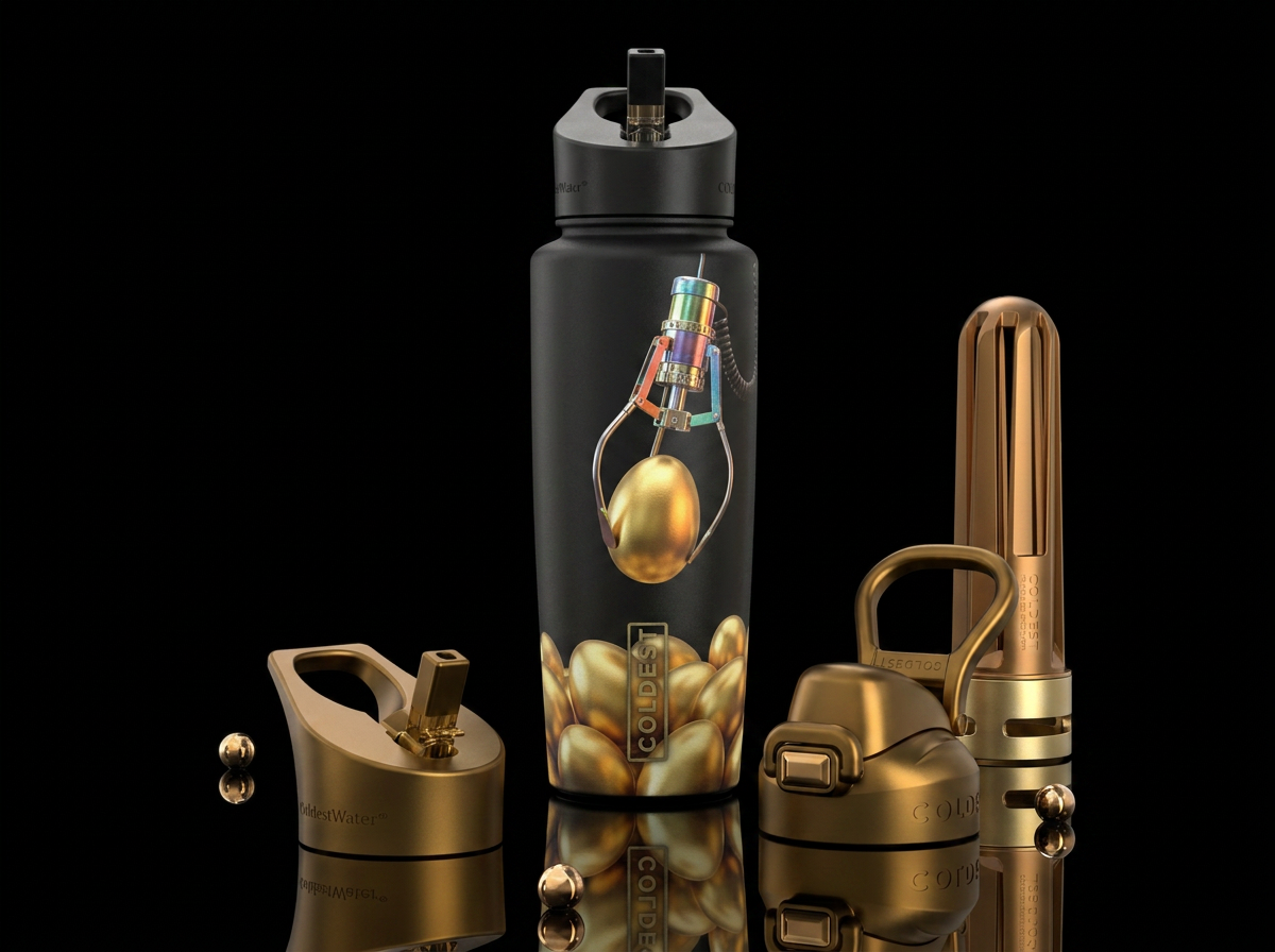 Claw machine catching golden eggs water bottle design