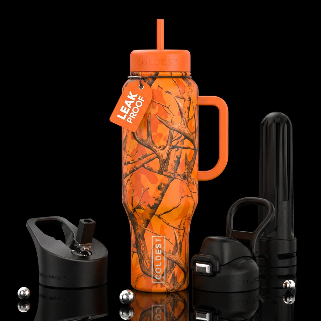 Camo, deer antlers, orange water bottle design