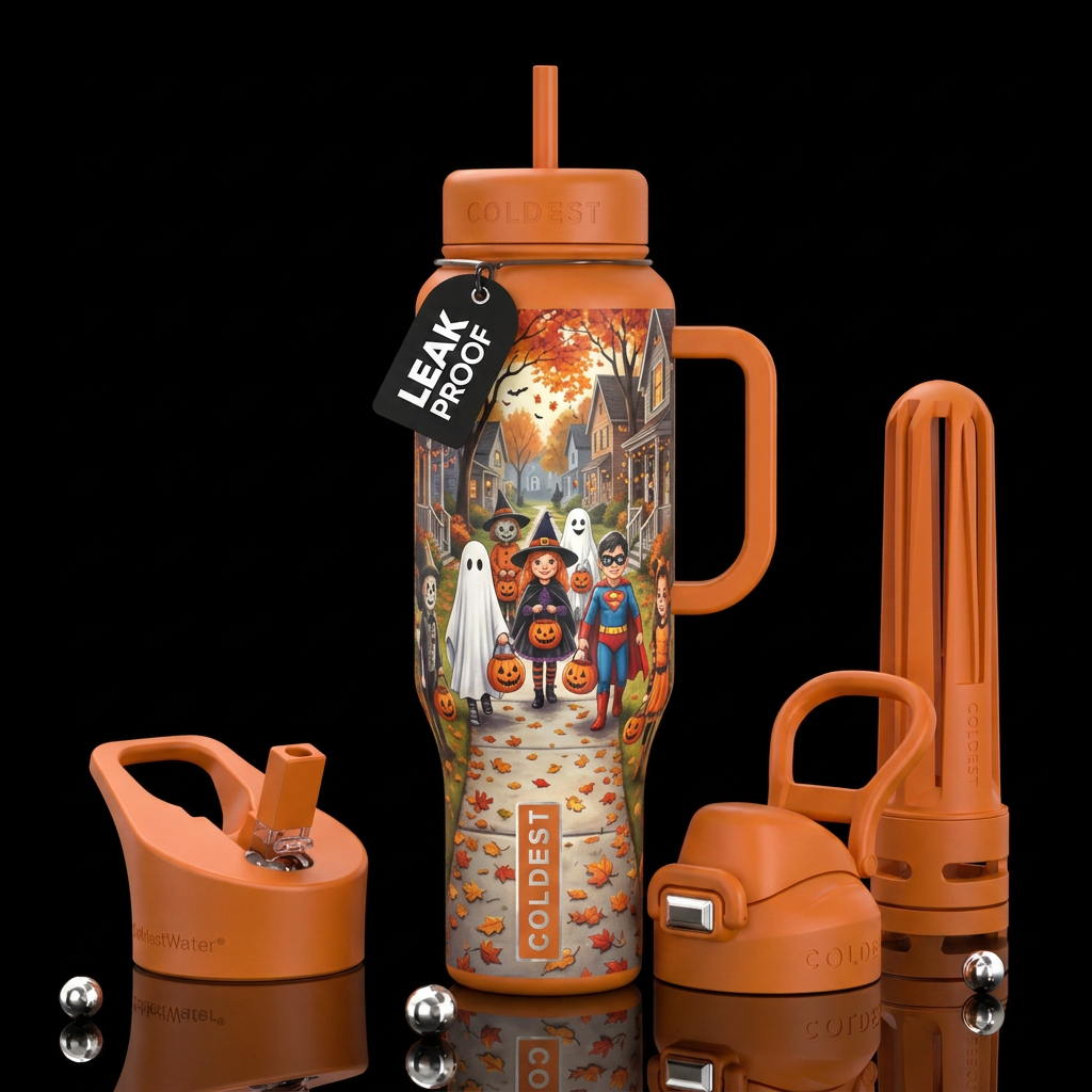Kids trick or treating, Halloween, fall leaves on ... water bottle design
