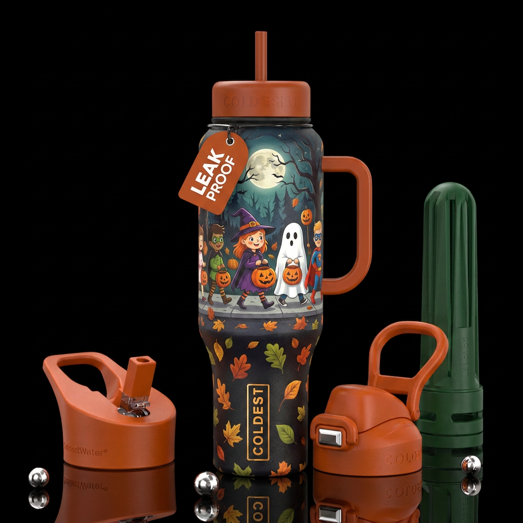 Kids trick or treating, Halloween, fall leaves on ... water bottle design