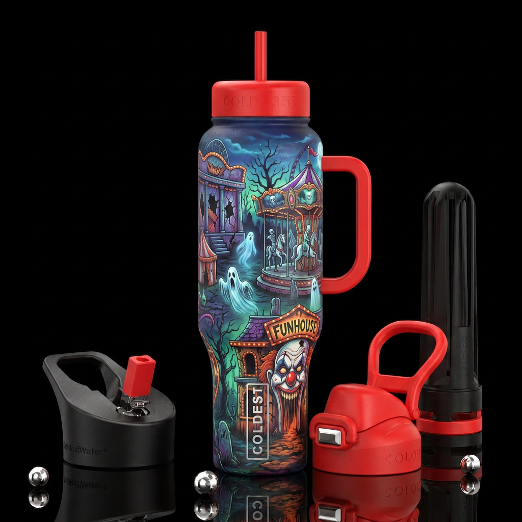 Scary haunted amusement park, bright red handle an... water bottle design