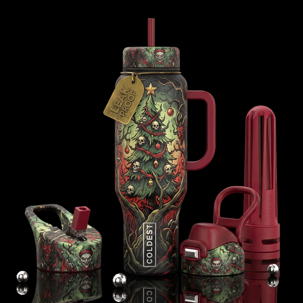 Scary christmas scene water bottle design