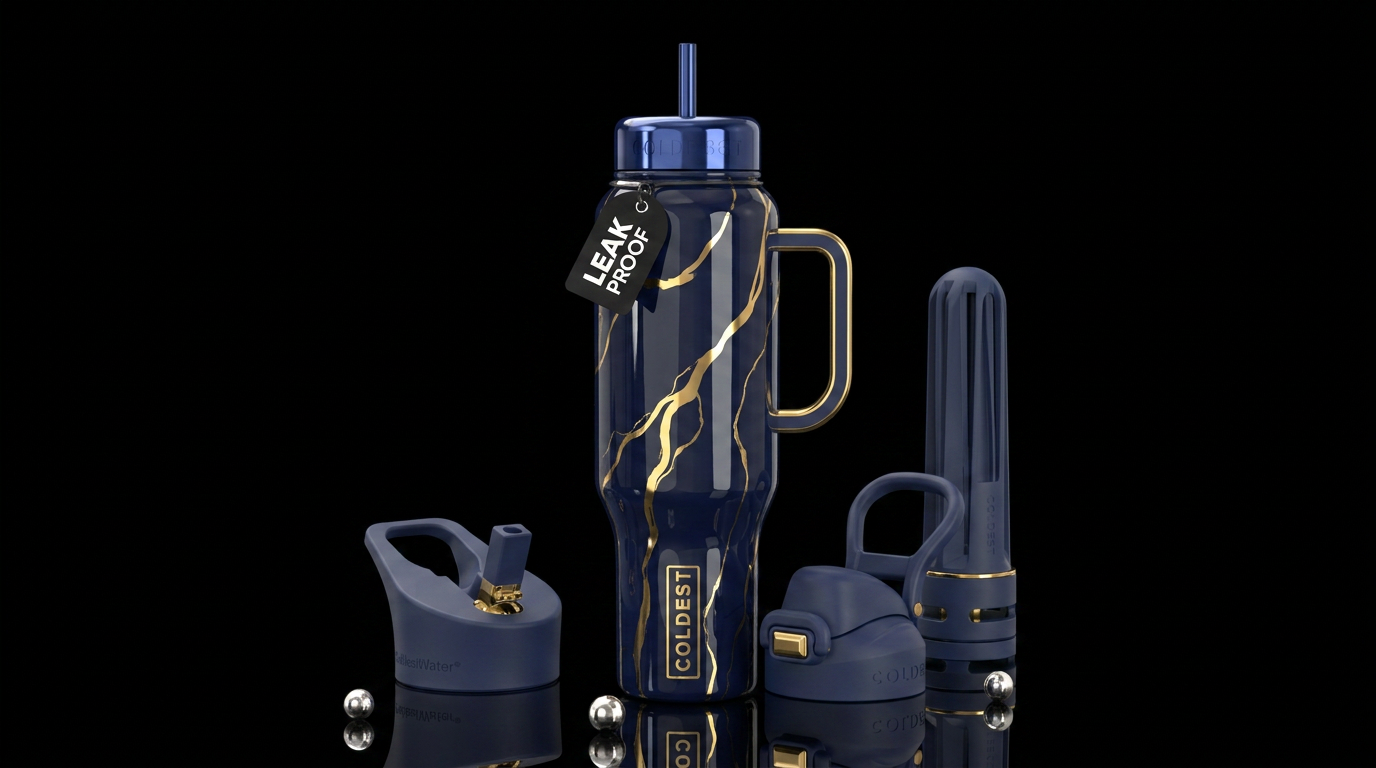 Glossy, Navy blue, gold streaks water bottle design