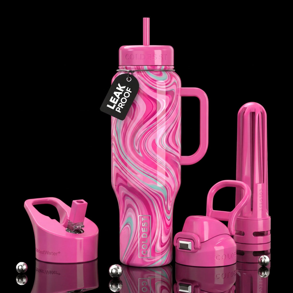 Different shades of pink, swirls water bottle design