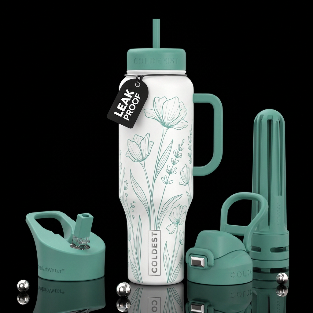 White bottle, tall Sea green flower outlines, sea ... water bottle design