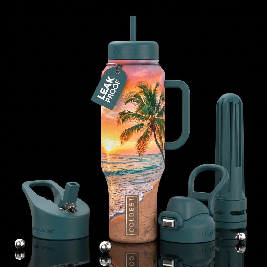 Looking at the ocean from the beach, sunrise, palm... water bottle design
