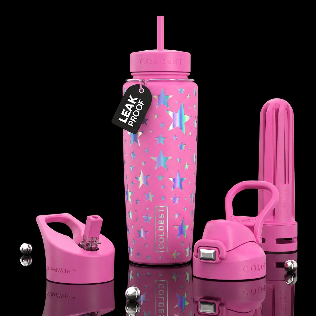 Pink bottle,pink lids, Holographic stars water bottle design