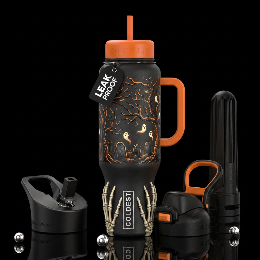 Cemetery, scary tree, ghosts, skeleton hand conjun... water bottle design