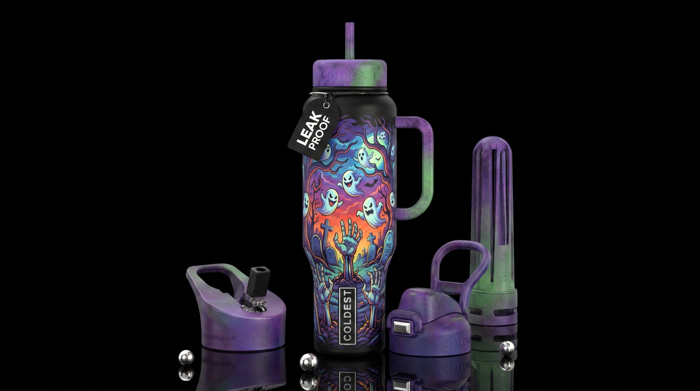 Cemetery, scary tree, ghosts, skeleton hand conjun... water bottle design