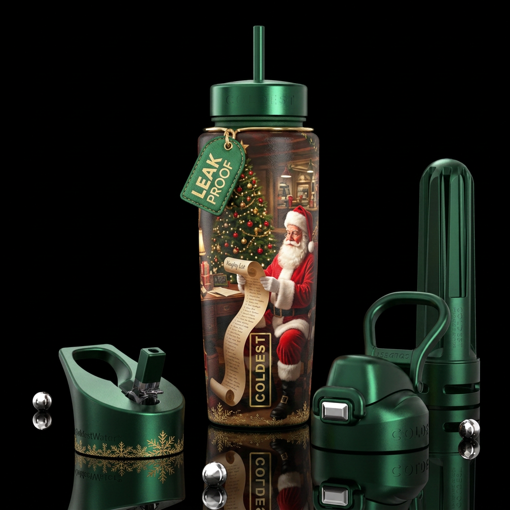 Santa looking at the naughty list, Christmas tree ... water bottle design