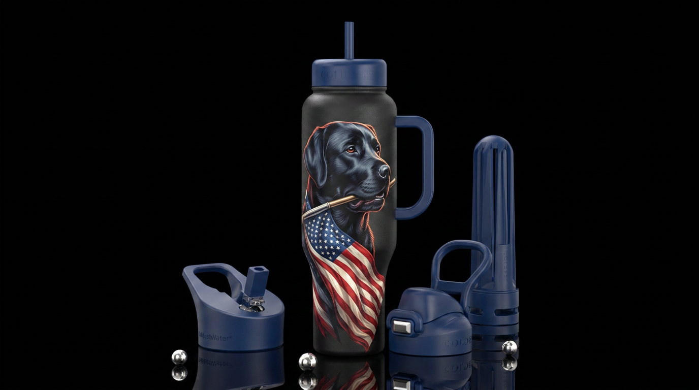 Black Labrador carrying an american flag on pole i... water bottle design