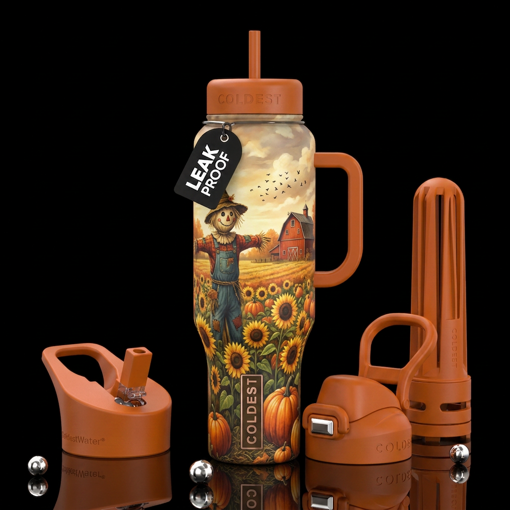 Scarecrow, pumpkins, sunflowers, field, barn, bird... water bottle design