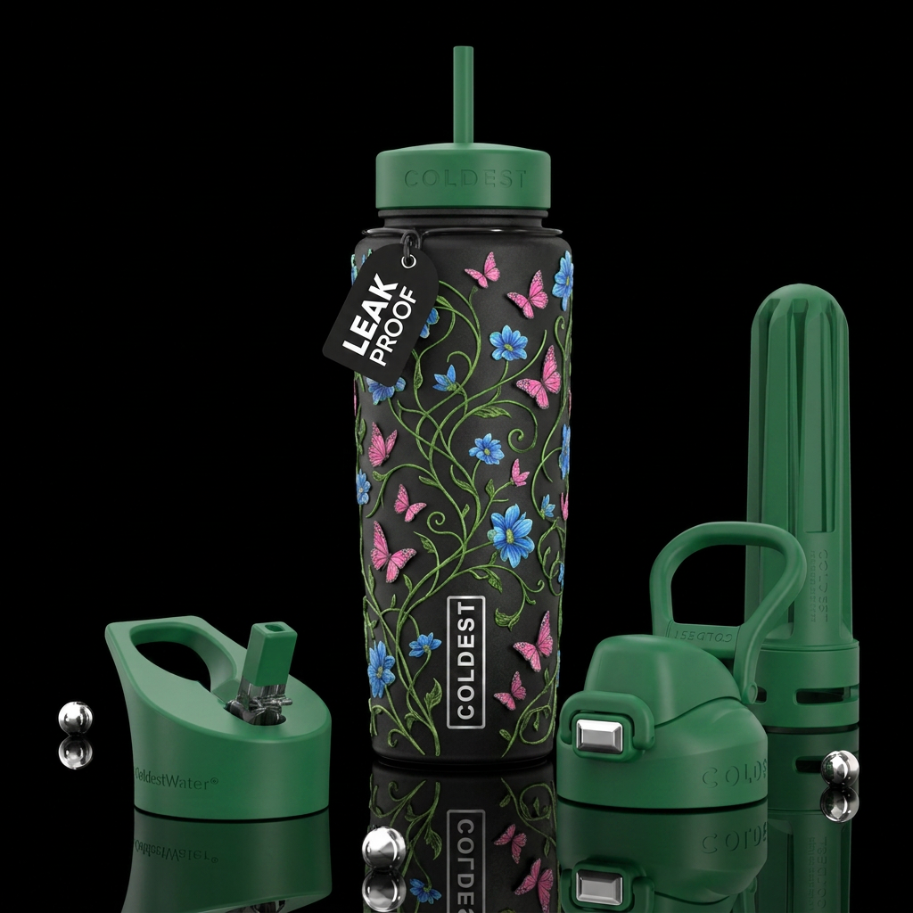 Green vines, blue flowers, pink butterflies water bottle design