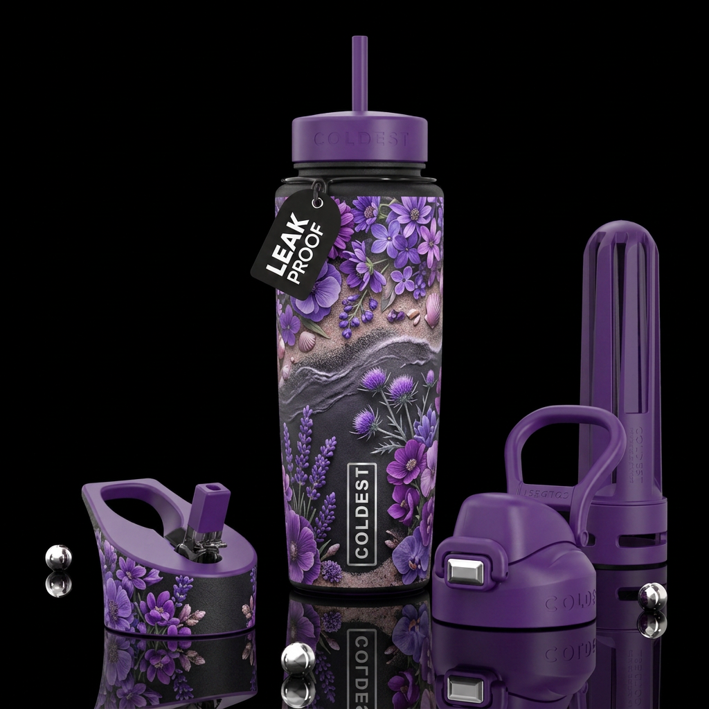 Purple flowers on the beach water bottle design