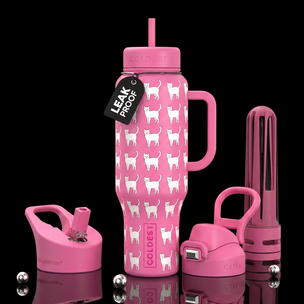 Pink bottle,  white cat standing patterned water bottle design
