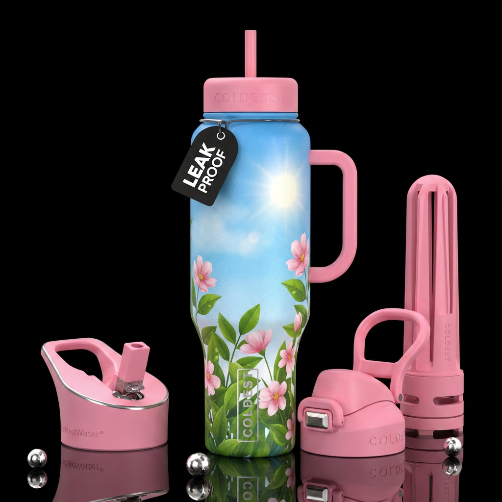 Blue sky, sun, green leaves, pink flowers water bottle design